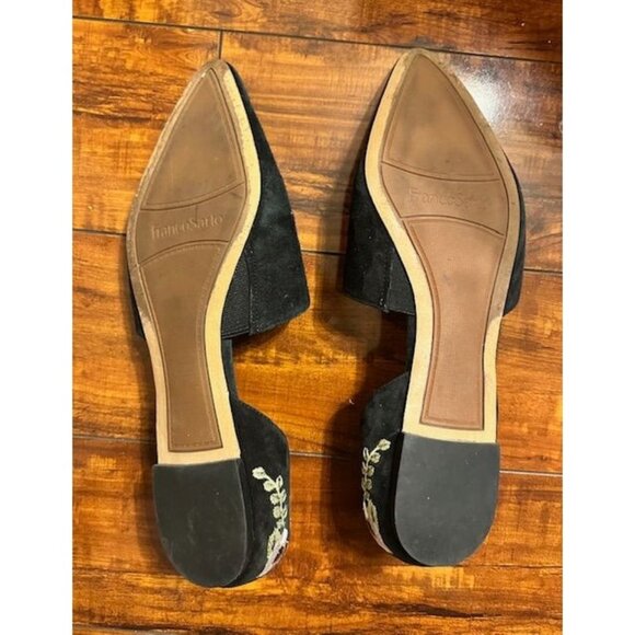 Franco Sarto Sanora Blk Suede Floral Embroidered DOrsay Flats Pointed Shoes 10M - Picture 6 of 7